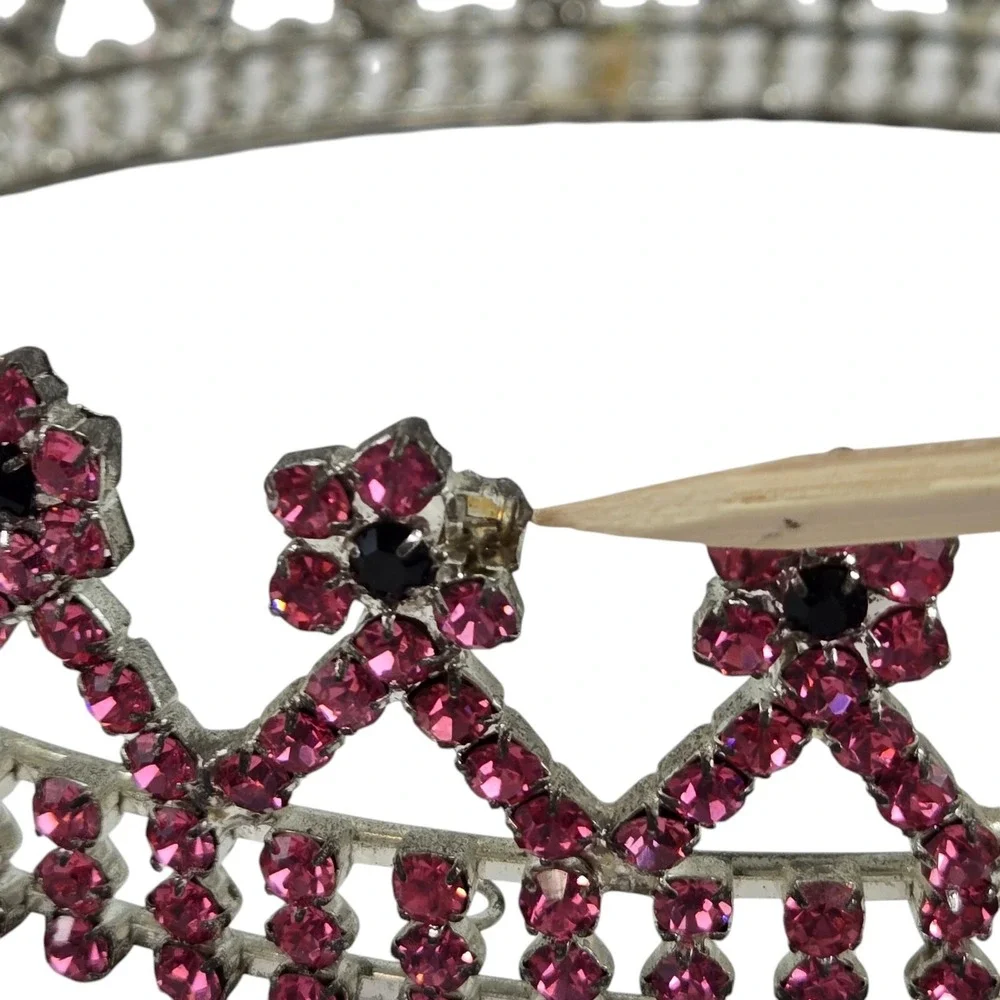 VTG Pink Black Rhinestone Crown Bridal Pageant Princess Cosplay 4 Prong Holders
